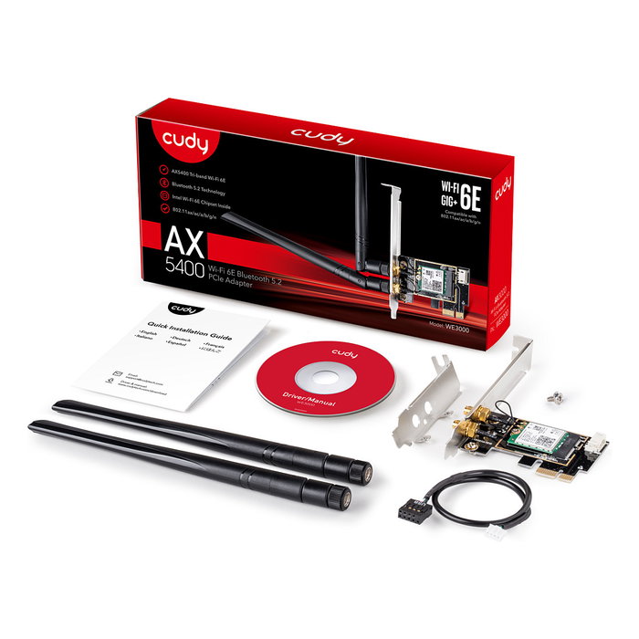 Cudy AX3000 Adaptador Wi-Fi 6 PCI Express Interno, Wi-Fi 6E (802.11ax), Bluetooth 5.2, para PC