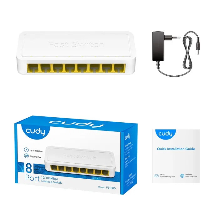 Cudy FS108D Switch Ethernet Fast 8 Puertos 10/100 Mbps, Blanco, Full Duplex, 1.6 Gbit/s Capacidad de Conmutación, Incluye Fuente de Alimentación CC