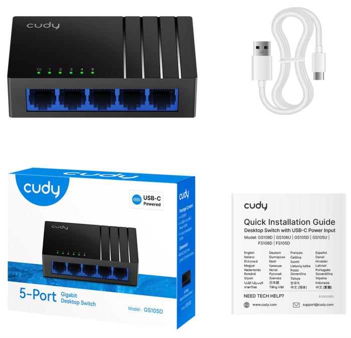 Cudy GS105D Switch de red no administrado de 5 puertos Gigabit Ethernet, Negro