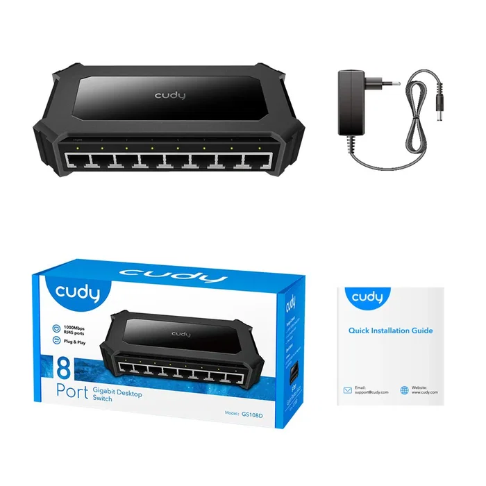 Cudy GS108D Switch Gigabit Desktop 8 Puertos Ethernet 10/100/1000 Mbps, Negro, Plug & Play, Full Duplex, 16 Gbps Capacidad