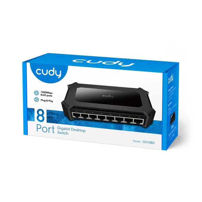 Cudy GS108D Switch Gigabit Desktop 8 Puertos Ethernet 10/100/1000 Mbps, Negro, Plug & Play, Full Duplex, 16 Gbps Capacidad