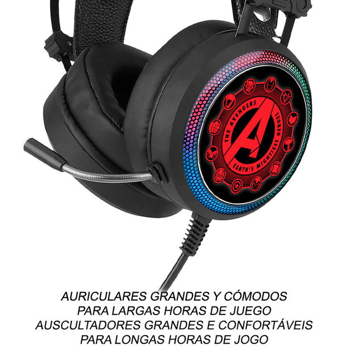 ERT GROUP Auriculares Gaming Vengadores Avengers Marvel Sonido Envolvente Virtual 7.1 Micrófono Flexible Luz LED USB Jack