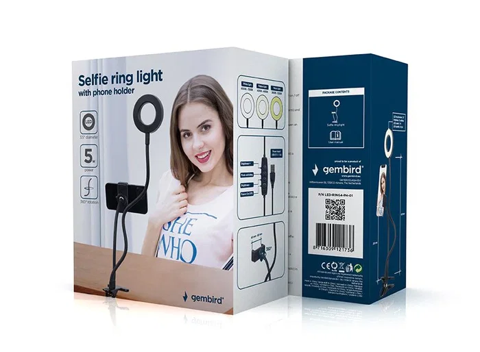 Gembird LED-RING4-PH-01 Anillo de luz para selfies con soporte para teléfono