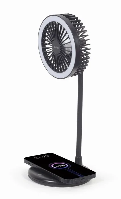 Gembird TA-WPC10-LEDFAN-01 Ventilador de Sobremesa con Cargador Inalámbrico Qi 10W y Lámpara LED, Negro