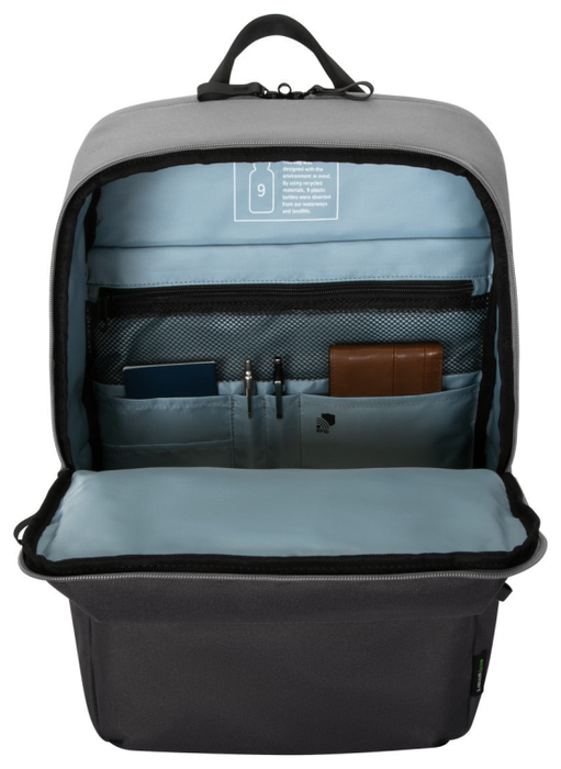 Targus Sagano Mochila para portátil de 15.6 pulgadas, Negro, Gris, RPET 500, Fabricada con materiales reciclados