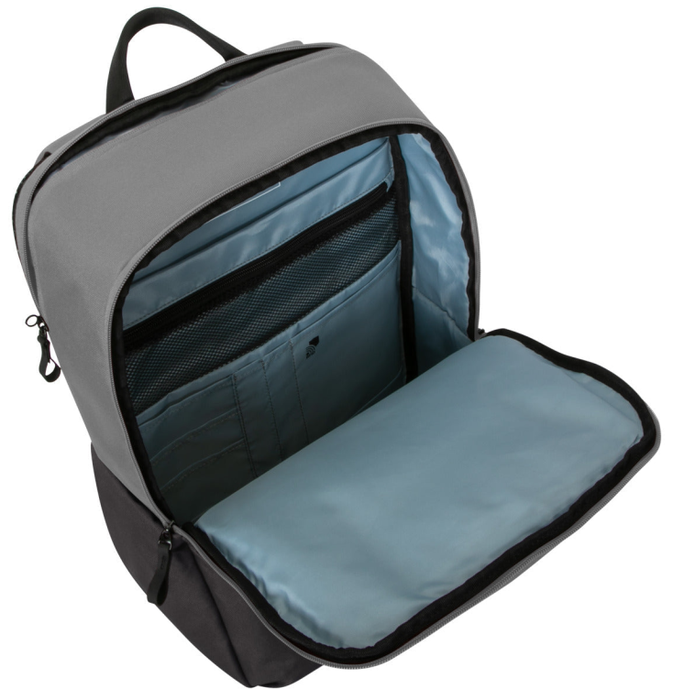 Targus Sagano Mochila para portátil de 15.6 pulgadas, Negro, Gris, RPET 500, Fabricada con materiales reciclados