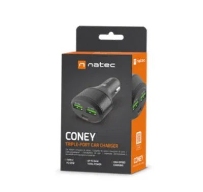 Natec Coney - Cargador Coche Rápido con 2 Puertos USB-A, 1 USB-C, QC3.0, PD 3.0, 84W, 12-24V para Encendedor, Negro