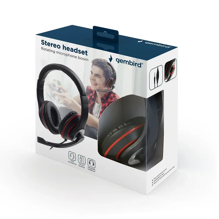 Gembird MHS-03-BKRD Auriculares Gaming con Micrófono Diadema, Alámbrico, Jack 3.5mm, Circumaural, 20-20000 Hz, Negro y Rojo, Control de Volumen en Línea, Cable 1.8m