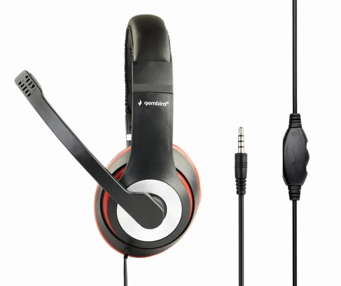 Gembird MHS-03-BKRD Auriculares Gaming con Micrófono Diadema, Alámbrico, Jack 3.5mm, Circumaural, 20-20000 Hz, Negro y Rojo, Control de Volumen en Línea, Cable 1.8m