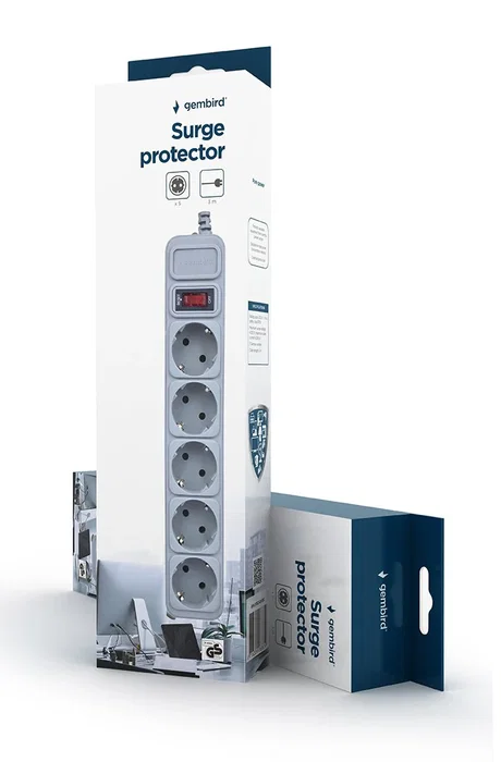 Gembird SPG3-B-10C Regleta de Enchufes con Protección Sobretensiones, 5 Tomas (Schuko), Cable 3 m, Color Gris