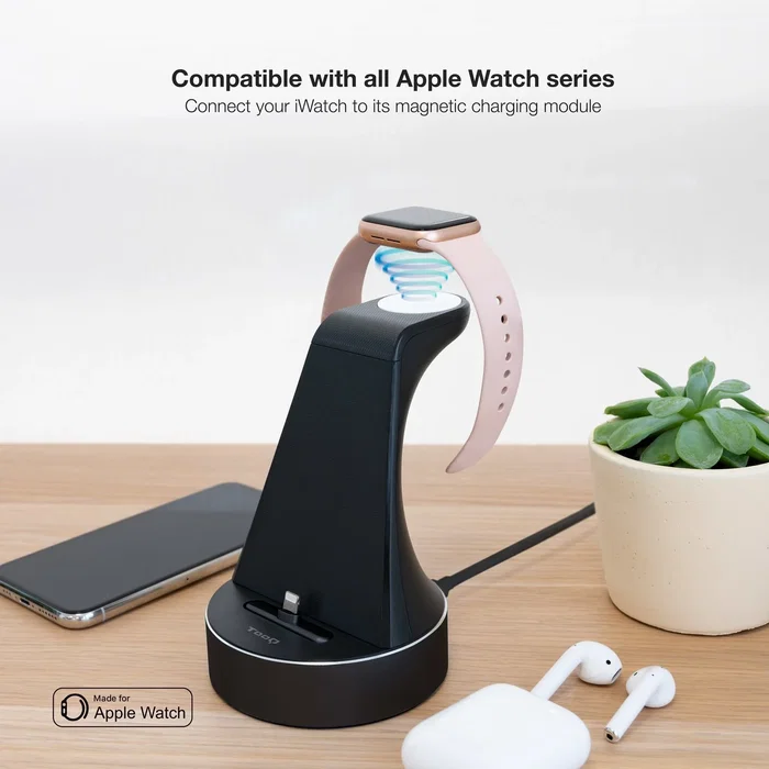 Tooq TQCD02L - Base de Carga Inalámbrica con Certificación MFi para Apple Watch y iPhone - Carga Rápida Simultánea 23W - Color Negro