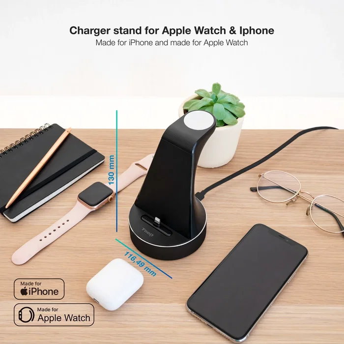 Tooq TQCD02L - Base de Carga Inalámbrica con Certificación MFi para Apple Watch y iPhone - Carga Rápida Simultánea 23W - Color Negro