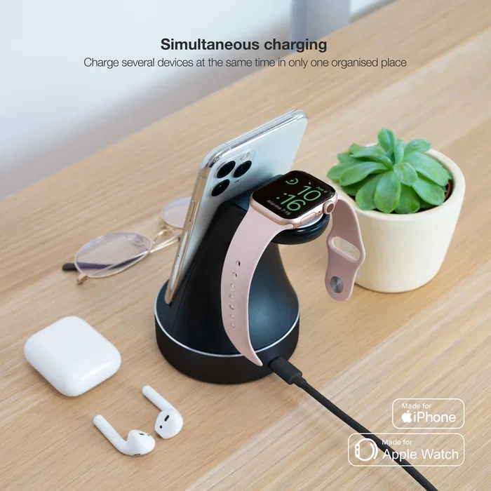 Tooq TQCD02L - Base de Carga Inalámbrica con Certificación MFi para Apple Watch y iPhone - Carga Rápida Simultánea 23W - Color Negro
