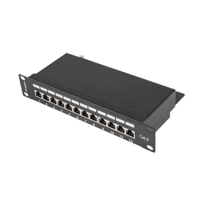 Lanberg PPF6-9012-B Patch Panel de Red 12 Puertos 1U, Negro, Metal, 215 x 44.5 x 130 mm