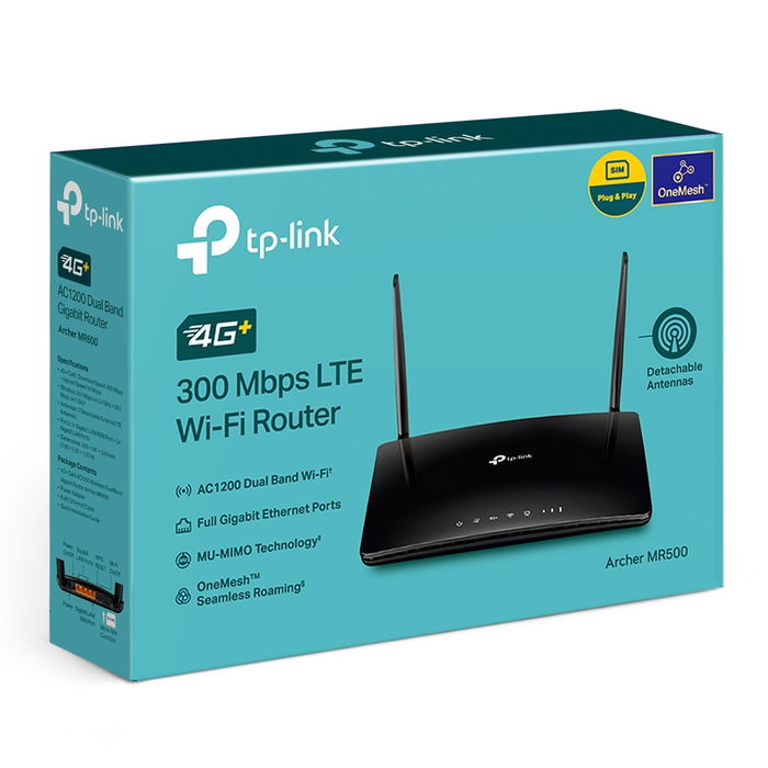 TP-Link Archer MR500 - Router Inalámbrico 4G+ Cat6 AC1200 Gigabit Doble Banda, Enrutador 4G+ 300 Mbps, 2 Antenas LTE Externas, OneMesh, 4 Puertos Gigabit