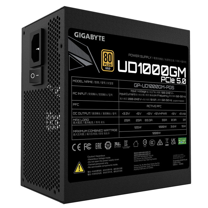Gigabyte UD1000GM PG5 - Fuente de Alimentación 1000W 80 PLUS Gold ATX 3.0 PCIe 5.0 Modular, con Conector 12VHPWR nativo de 600W, Negra Gigabyte UD1000GM PG5 - Fuente de Alimentación 1000W 80 PLUS Gold ATX 3.0 PCIe 5.0 Modular, con Conector 12VHPWR nativo de 600W, Negra