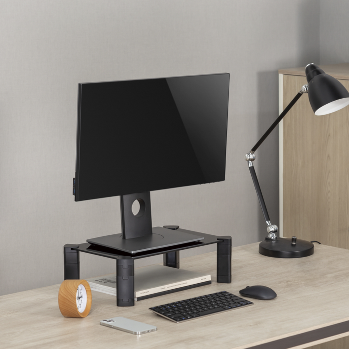 Aisens Soporte Elevador de Cristal Negro para Monitor o Portátil