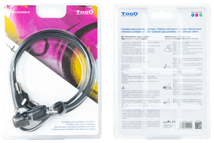 Tooq Cable de Seguridad T-LOCK con Llave, 1.5 metros, Gris Oscuro