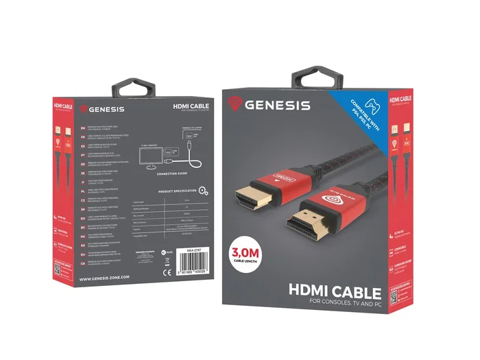 Genesis Cable HDMI-HDMI NKA-0787 3m, Versión 1.4 High Speed, 4K Ultra HD, 240 Hz, 3D, Compatible con PS3/PS4, Negro y Rojo