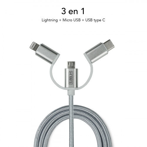 Subblim Cargador de Coche Dual Alum 2.4A con Cable 3 en 1 Plata