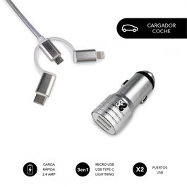 Subblim Cargador de Coche Dual Alum 2.4A con Cable 3 en 1 Plata
