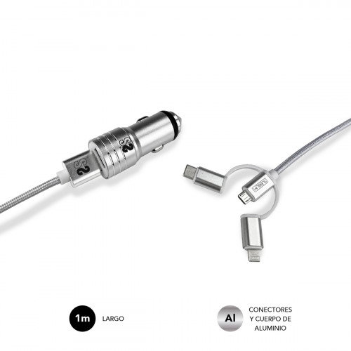 Subblim Cargador de Coche Dual Alum 2.4A con Cable 3 en 1 Plata