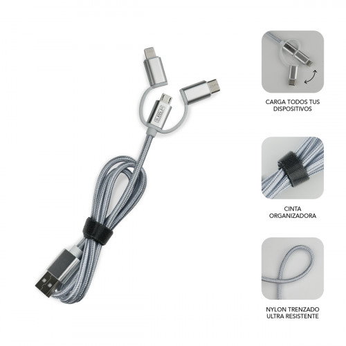 Subblim Cargador de Coche Dual Alum 2.4A con Cable 3 en 1 Plata