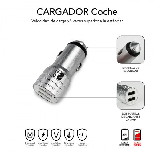 Subblim Cargador de Coche Dual Alum 2.4A con Cable 3 en 1 Plata
