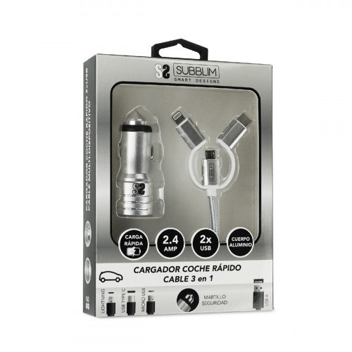 Subblim Cargador de Coche Dual Alum 2.4A con Cable 3 en 1 Plata