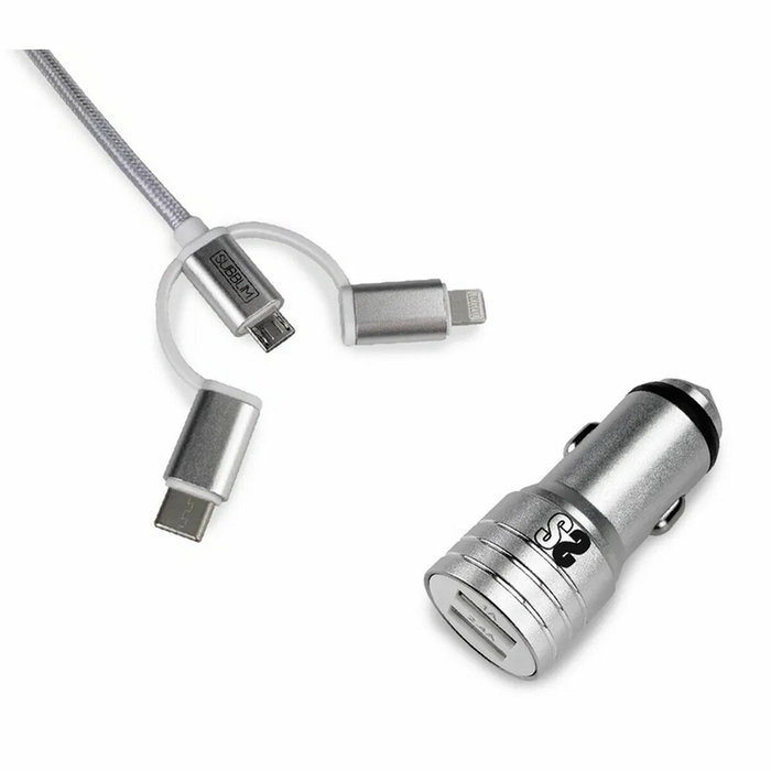 Subblim Cargador de Coche Dual 2.4A Plata con Cable 3 en 1