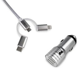 SUBBLIM Cargador coche Dual Alum 2.4A + Cable 3 in1 Silver