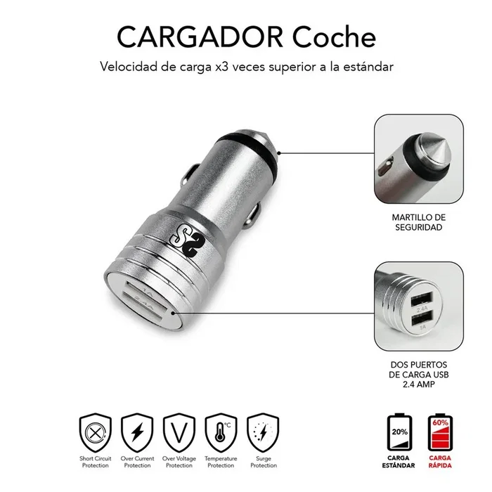 Subblim Cargador de Coche Dual Aluminio 2.4A con Cable 3 en 1 Plata Subblim Cargador de Coche Dual Aluminio 2.4A con Cable 3 en 1 Plata