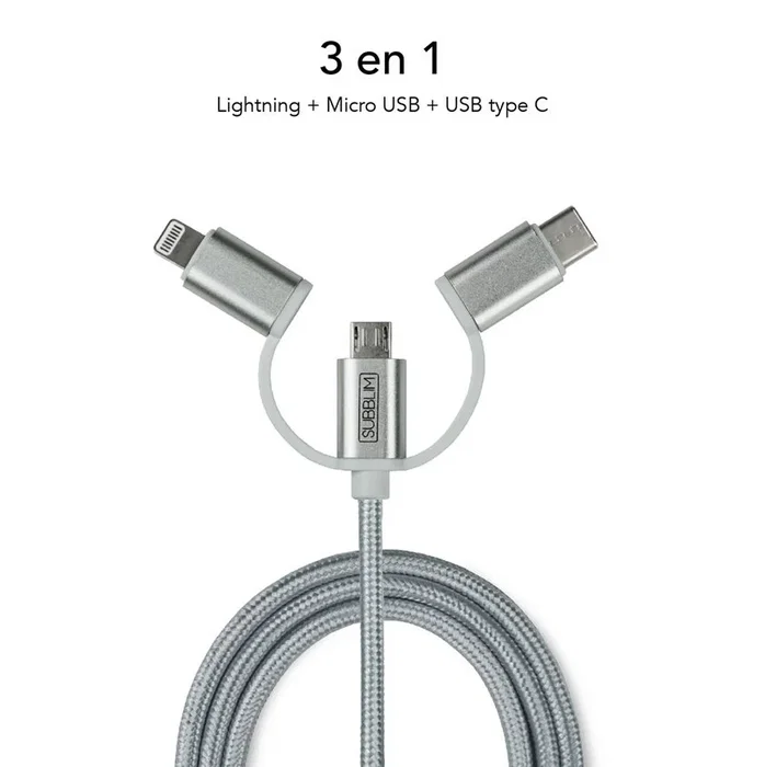 Subblim Cargador de Coche Dual Aluminio 2.4A con Cable 3 en 1 Plata Subblim Cargador de Coche Dual Aluminio 2.4A con Cable 3 en 1 Plata