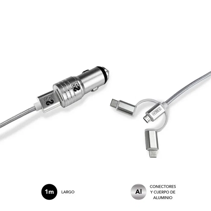 Subblim Cargador de Coche Dual Aluminio 2.4A con Cable 3 en 1 Plata Subblim Cargador de Coche Dual Aluminio 2.4A con Cable 3 en 1 Plata