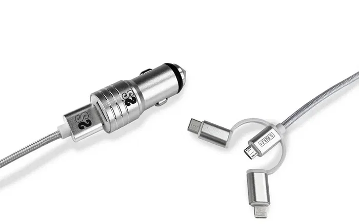 Subblim Cargador de Coche Dual Aluminio 2.4A con Cable 3 en 1 Plata Subblim Cargador de Coche Dual Aluminio 2.4A con Cable 3 en 1 Plata