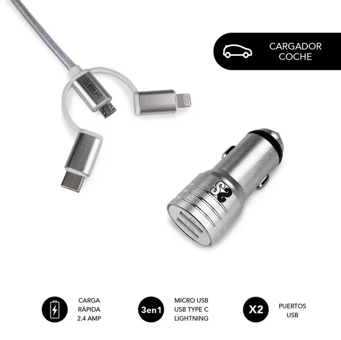 Subblim Cargador de Coche Dual Aluminio 2.4A con Cable 3 en 1 Plata Subblim Cargador de Coche Dual Aluminio 2.4A con Cable 3 en 1 Plata