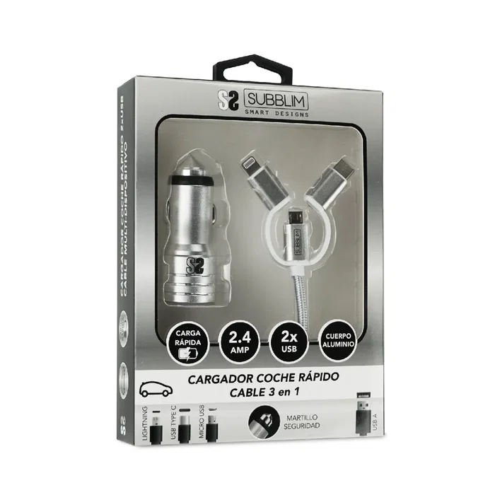 Subblim Cargador de Coche Dual Aluminio 2.4A con Cable 3 en 1 Plata Subblim Cargador de Coche Dual Aluminio 2.4A con Cable 3 en 1 Plata