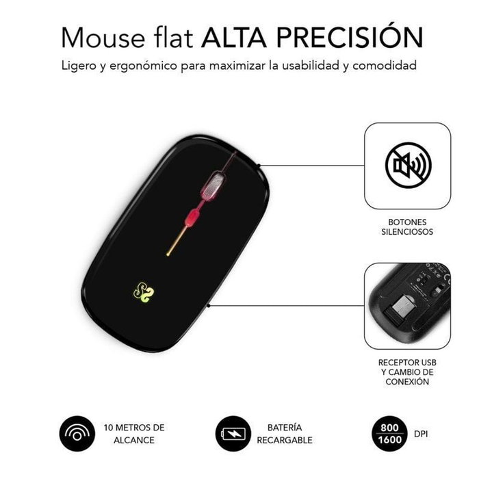 Subblim LED Dual Flat Mouse Black con Bluetooth y Receptor USB, 1600 DPI, Negro