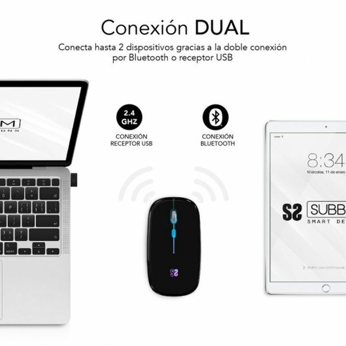 Subblim LED Dual Flat Mouse Black con Bluetooth y Receptor USB, 1600 DPI, Negro