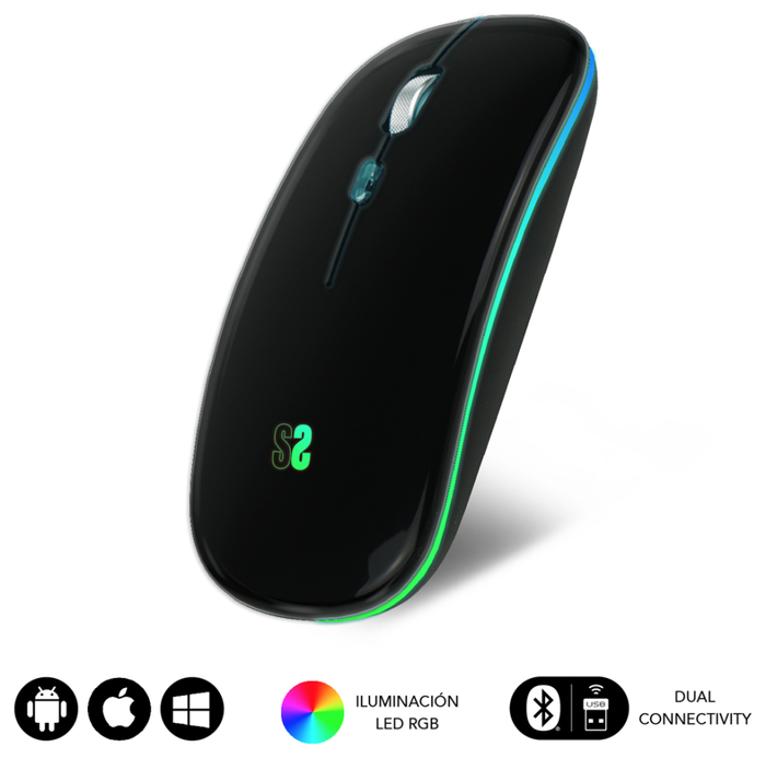 Subblim LED Dual Flat Mouse Black con Bluetooth y Receptor USB, 1600 DPI, Negro