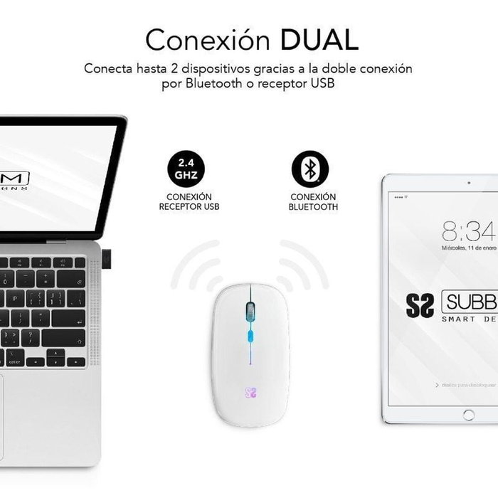 Subblim LED Dual Flat Mouse Blanco con Iluminación RGB y Conexión Dual