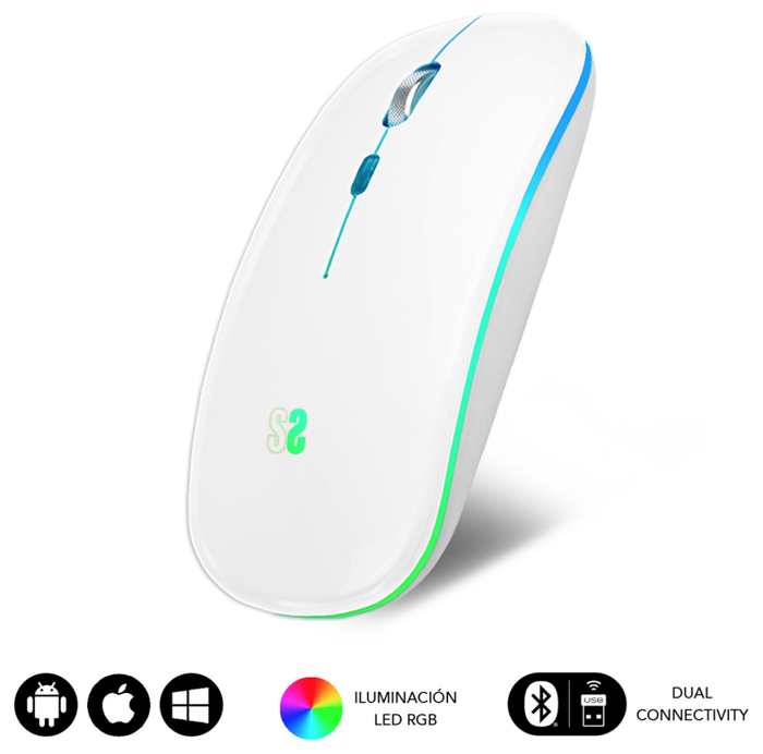Subblim LED Dual Flat Mouse Blanco con Iluminación RGB y Conexión Dual