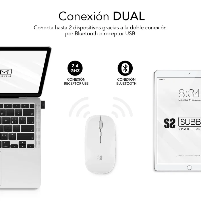 Subblim Dual Flat Ratón Inalámbrico Blanco con Bluetooth y USB Recargable Subblim Dual Flat Ratón Inalámbrico Blanco con Bluetooth y USB Recargable