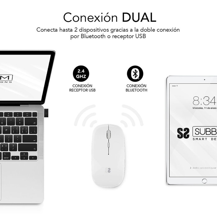 Subblim Dual Flat Ratón Inalámbrico Blanco Recargable