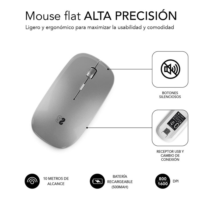 Subblim Dual Flat Mouse Plata Recargable 1600 DPI
