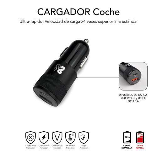 Subblim Cargador de Coche Dual PD20W+QC3.0 con Cable USB-C a Lightning Negro