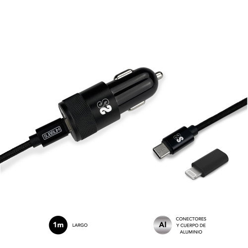 Subblim Cargador de Coche Dual PD20W+QC3.0 con Cable USB-C a Lightning Negro