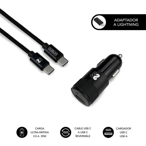 Subblim Cargador de Coche Dual PD20W+QC3.0 con Cable USB-C a Lightning Negro