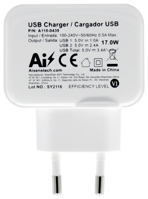Aisens Cargador USB 17W 5V/3.4A con 2 Puertos USB y Control AI, Blanco Aisens Cargador USB 17W 5V/3.4A con 2 Puertos USB y Control AI, Blanco