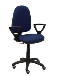 Silla de oficina Aýna con mecanismo Contacto permanente básico tapizada con Tela color Azul marino. Equipada con Base poliamida negra, Brazos fijos y Ruedas de parqué